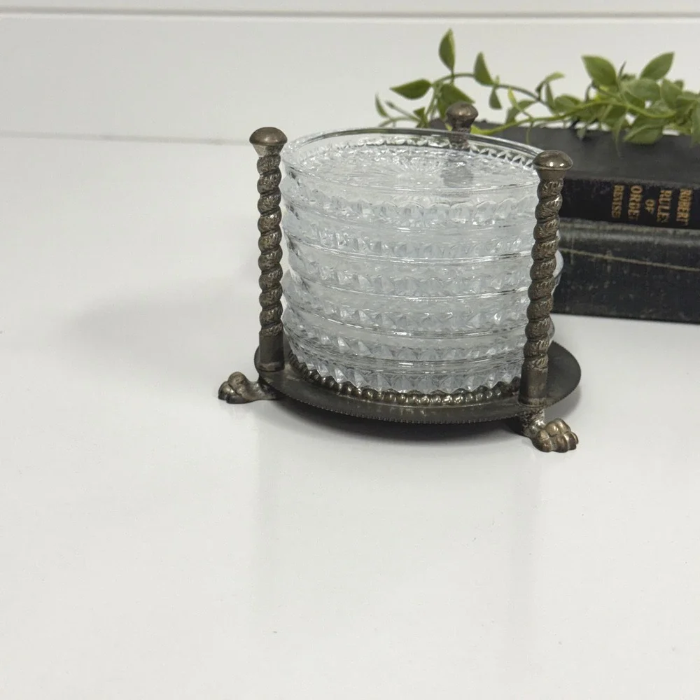 Vintage FB Rogers Crystal Coaster Set of 6 Silver plated Lion Paw Footed holder